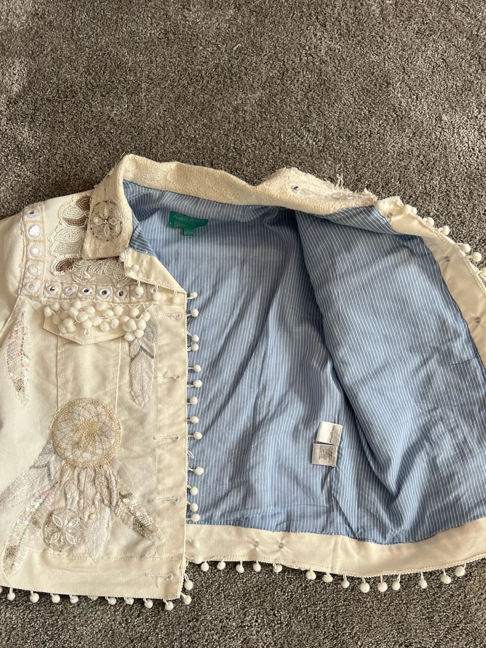Antica Santoria Embellished White  Denim Jacket with Pom Pom Details - Picture 11 of 15